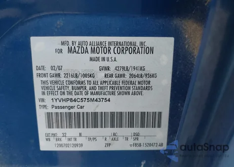 2007 Mazda Mazda6 I Touring z USA, uszkodzony, nr VIN 1YVHP84C575M43754